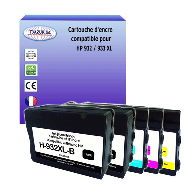 5 Cartouches compatibles avec HP  OfficeJet 7110 Wide Format ePrinter remplace HP 932XL, HP 933XL  (Noire+Couleur)- T3AZUR