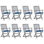 vidaXL Chaises pliables d'extérieur lot de 8 et coussins Bois d'acacia