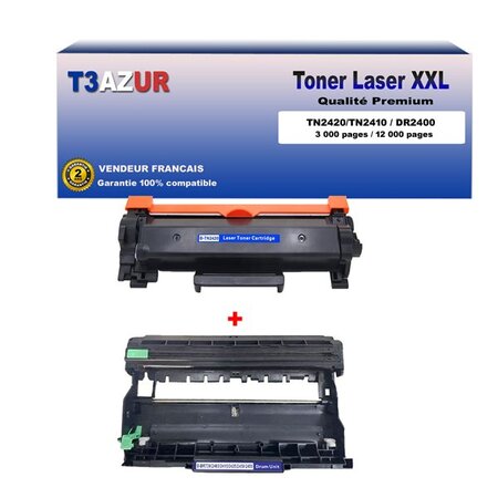 Kit Tambour+Toner compatibles avec Brother TN2420  DR2400 pour Brother DCP-L2510D  L2512D  L2550DN  L2530DW  L2537DW - 3 000 pages - T3AZUR