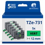 Pack de 5 Rubans adhésifs compatible avec Brother TZe731- Texte noir sur fond vert - Largeur 12 mm x 8 mètres