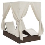 Chaise longue double vidaXL avec toit et rideaux en rotin poly marron
