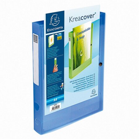 Boîte de classement Kreacover® A4 avec fermeture par bouton pression et pochette frontale transparente, 240 x 330 x 40 mm, polypropylène chromaline, transparent, bleu