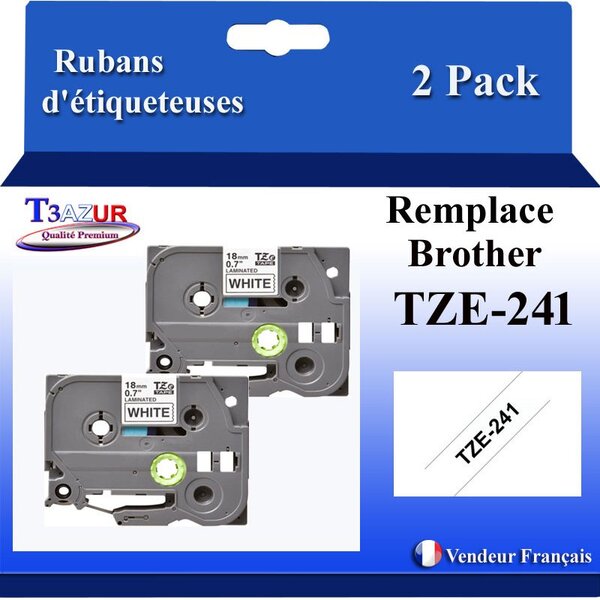 2x Rubans d'étiqueteuses compatibles avec Brother Tze241  Tze-241 pour étiqueteuses P-touch - Texte noir sur fond blanc - Largeur 18 mm x 8 mètres - T3AZUR