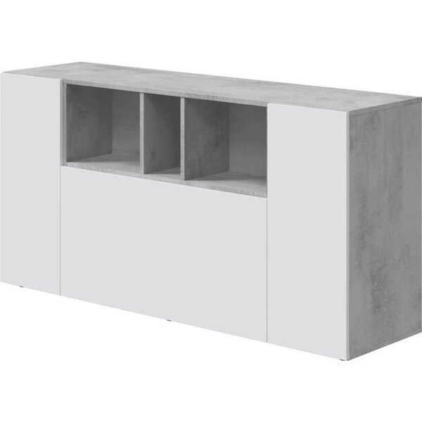 Buffet LOIRA - Mélaminé - Blanc artik et ciment - 3 portes + 3 niches de rangement - 150 x 41 x 76 cm