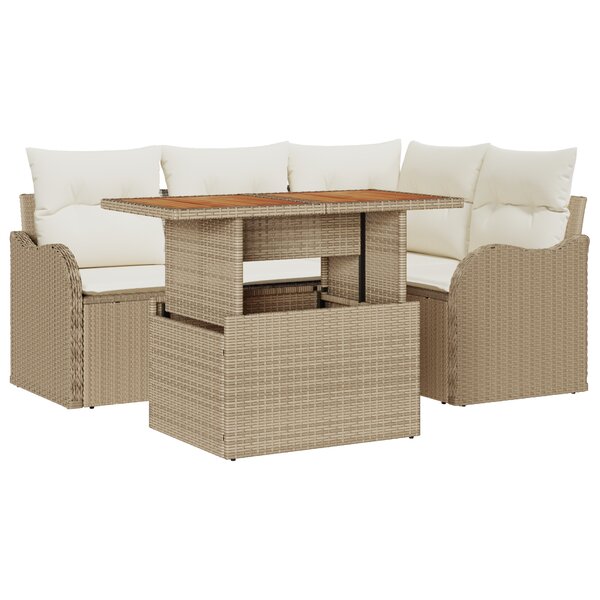Canapé de Jardin 5 Pièces avec Coussins Beige Poly Rattan Acacia
