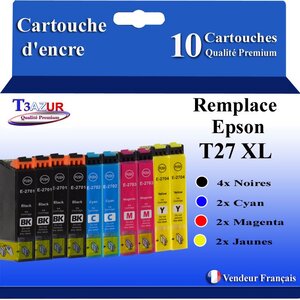 T3AZUR - 10x Cartouches Compatibles avec Epson WorkForce WF-7610DWF WF-7620DTWF remplace Epson T27XL