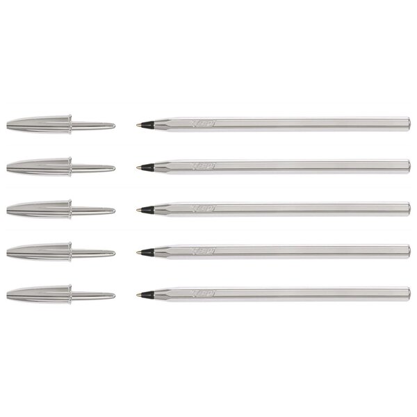 Stylo bille CRISTAL SHINE Pointe Moyenne 1 mm Noir Corps Argent x 5 BIC