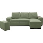 Canapé d'angle convertible réversible VALDO 3-4 places - Tissu Neve Sauge - Tablette USB - Coffre + Pouf - 247 x 143 x 86 cm