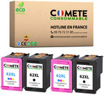 COMETE, PME Française - 62XL - 4 Cartouches d'encre Compatibles avec HP 62 XL (C2P05AE + C2P07AE) - 1 Noir + 1 Couleur (2 Noirs 2 Couleur)
