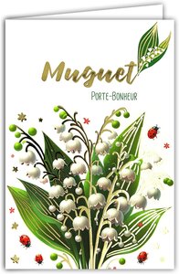 Carte Muguet Porte-Bonheur en Or Doré Brillant avec Enveloppe 12x17 5cm