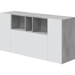 Buffet LOIRA - Mélaminé - Blanc artik et ciment - 3 portes + 3 niches de rangement - 150 x 41 x 76 cm