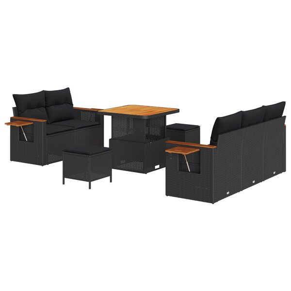 Ensemble de canapé de jardin de 8 pièces avec coussins noir poly rotin acacia