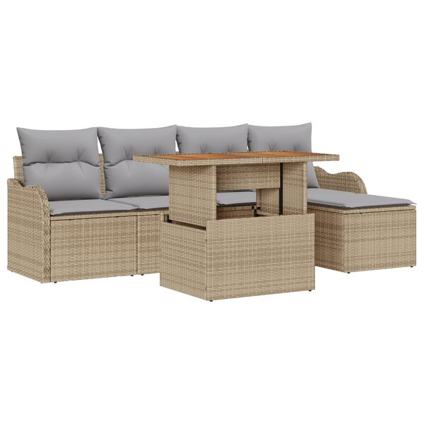 Ensemble de Canapés de Jardin de 6 Pièces avec Coussins Beige en Rotin Poly Acacia