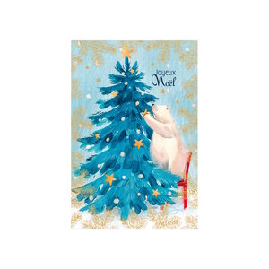 Carte De Voeux - Joyeux Noël Sapin Bleu Ours Blanc