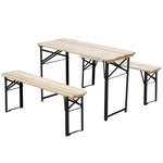Table de camping pique-nique pliable portable + 2 bancs pliables métal époxy noir bois massif sapin