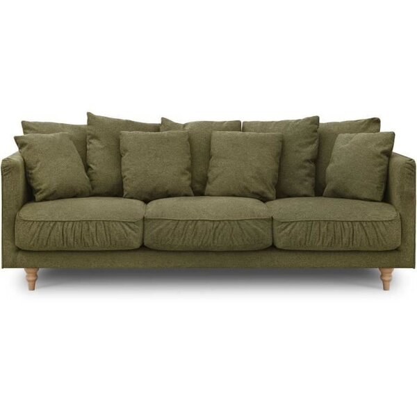 Canapé fixe 4 places CONSTANCE - Tissu vert - Pied en bois massif - 212 x 87 x 93 cm