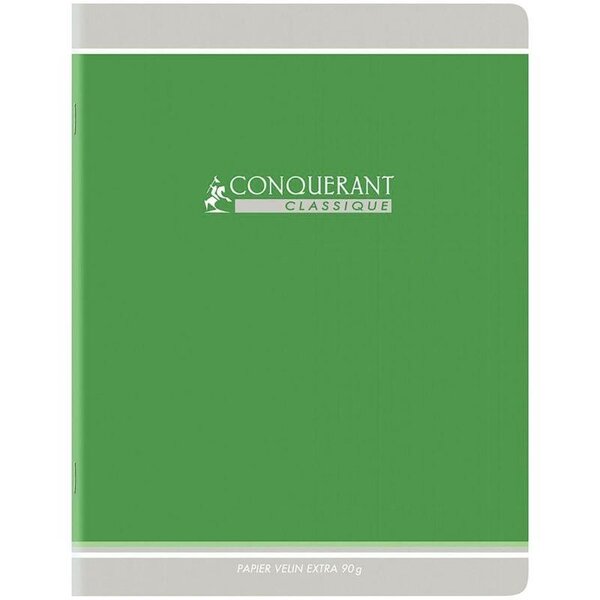 Cahier piqûre 96 pages seyès  papier 90 g  couverture en carte recyclée verte format 24 x 32 cm CONQUERANT
