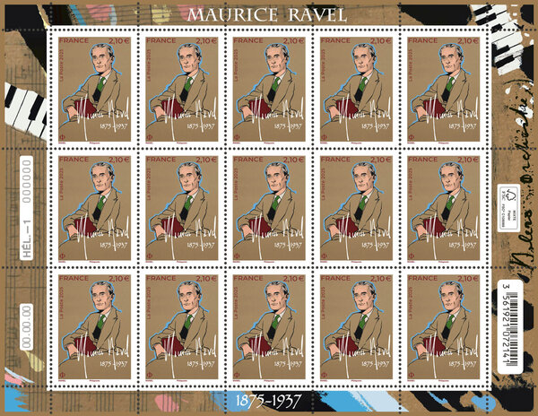 Feuille de 15 timbres - Maurice Ravel (1875-1937) - Lettre Internationale