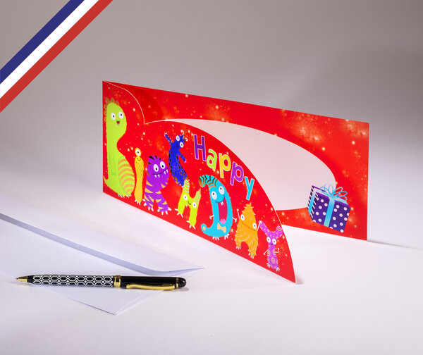 Carte double extravagance créée et imprimée en france sur papier certifié pefc - happy birthday en monstres - découpe nuage et or à chaud