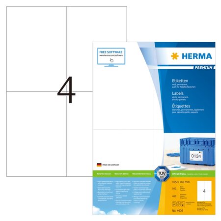 HERMA Étiquettes permanentes PREMIUM A4 105x148 mm 100 Feuilles Blanc