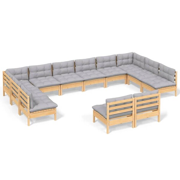 vidaXL Salon de jardin 12 Pièces avec coussins gris Bois de pin massif