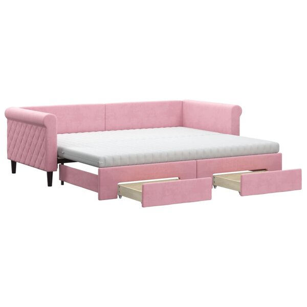 vidaXL Lit de jour avec gigogne et tiroirs rose 90x200 cm velours