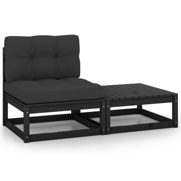 vidaXL Salon de jardin 2 Pièces avec coussins Noir Bois de pin massif