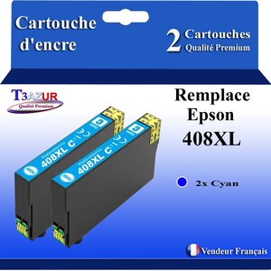 T3AZUR - 2x Cartouches compatibles avec Epson WorkForce Pro WF-C4810DTWF 408 408L 408XL - Cyan