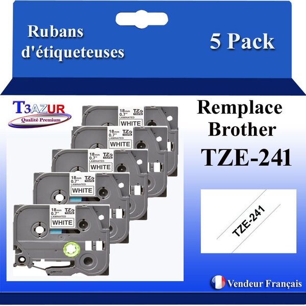 5x Rubans d'étiqueteuses compatibles avec Brother Tze241 Tze-241 pour étiqueteuses P-touch - Texte noir sur fond blanc - Largeur 18 mm x 8 mètres - T3AZUR