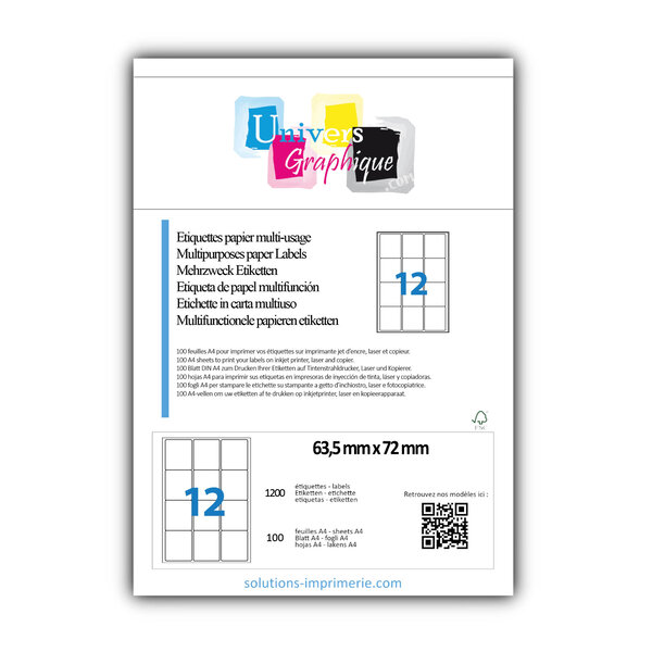 Lot de 100 planches a4 de 12 étiquettes à bords ronds 63 5 x 72 mm en papier blanc 70g/m² multifonction