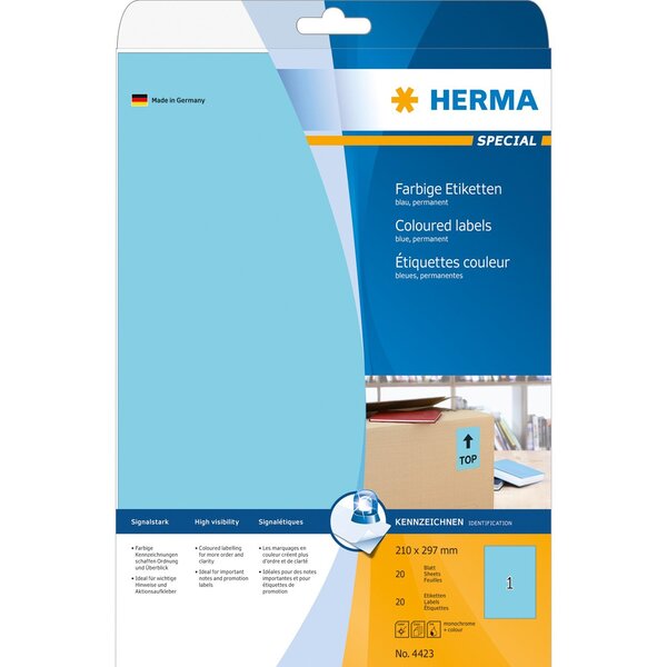 Étiquettes superprint, 210 x 297 mm, sans bord, bleu, 20 feuilles a4 herma