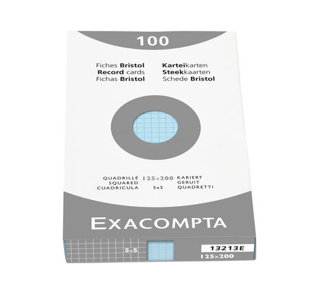 étui de 100 fiches Bristol 74x105 mm quadrillage 5x5 Bleu Azur EXACOMPTA