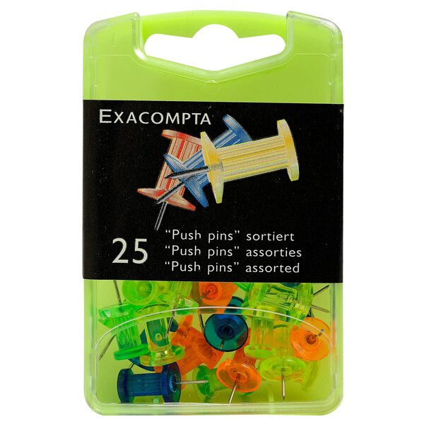 Boîte De 25 Épingles Push Pins - Hauteur De Pointe 7mm - 10mm De Diamètre - Assorties Translucide - Exacompta