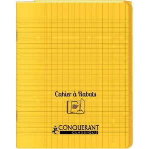 Cahier 48 pages seyès 90 g avec couverture polypropylène jaune 3 rabats  format 17 x 22 cm CONQUERANT