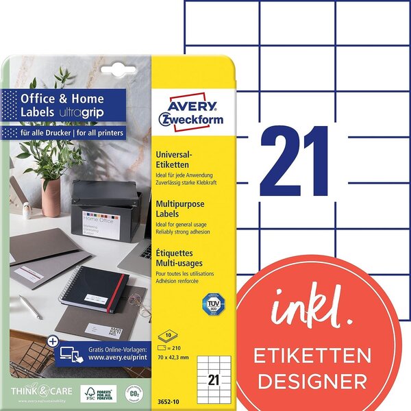 Etui de 210 etiquettes multi-usages 70 x 42 3 mm sur 10 feuilles a4 blanc avery zweckform