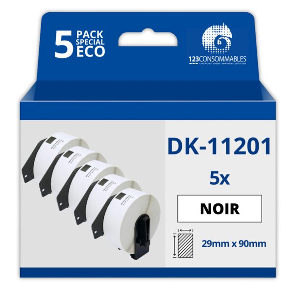 Pack de 5 Rouleau d'étiquette compatible BROTHER DK-11201 étiquettes d'adresse 29mm x 90mm