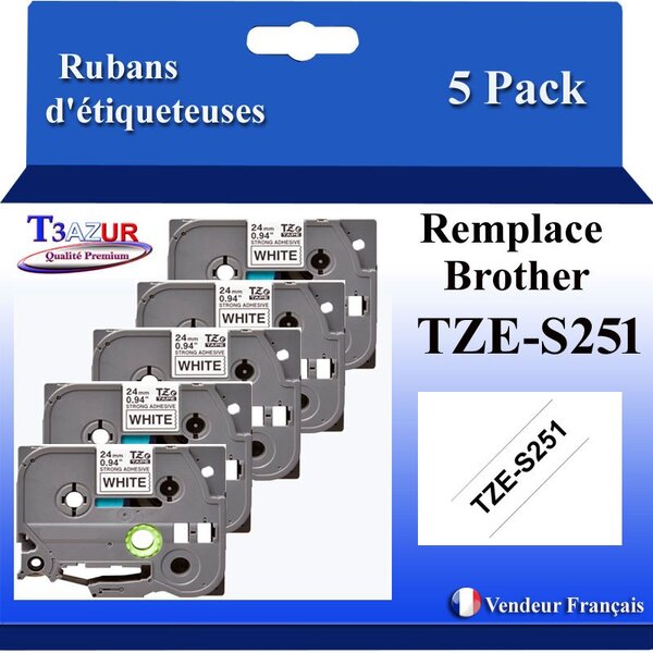 5x Rubans d'étiqueteuses compatibles avec Brother Tze251 Tze-251 pour étiqueteuses P-touch - Texte noir sur fond blanc - Largeur 24 mm x 8 mètres - T3AZUR