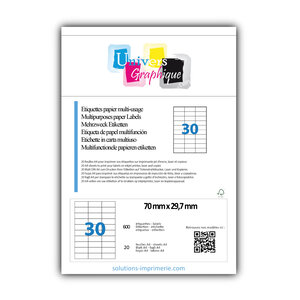 Lot de 20 planches a4 de 30 étiquettes à bords vifs 70 x 29 7 mm en papier blanc 70g/m² multifonction