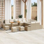Ensemble de canapés de jardin de 14 pièces avec coussins beige poly rattan acacia