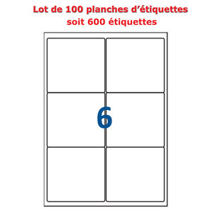 Lot de 100 Planches étiquettes autocollantes sur feuille A4 : 99 1 x 93 1 mm (6 étiquettes par feuille)