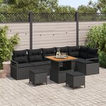 Ensemble de Canapés de Jardin de 9 Pièces avec Coussins Noir Rotin Poly Acacia