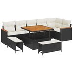 Ensemble de canapé de jardin 9 pièces avec coussins noir poly rattan acacia