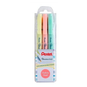 Pochette pentel de 3 surligneurs bi-pointe slw11p jaune  orange et vert pastel pentel