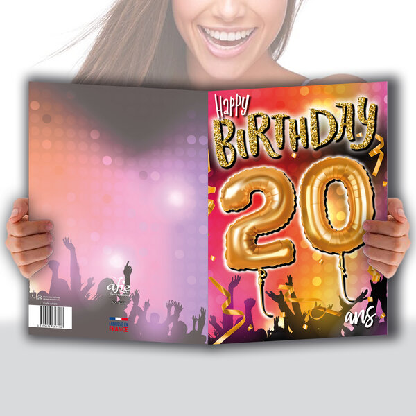 MAXI Grande Carte Géante XXL pour ANNIVERSAIRE 20 ANS Mixte H/F + Enveloppe format 32x23cm - Ballons Chiffres Nombre Doré Fêter Danser Musique Ambiance Concert Festival - Fabriqué en France MX-5020