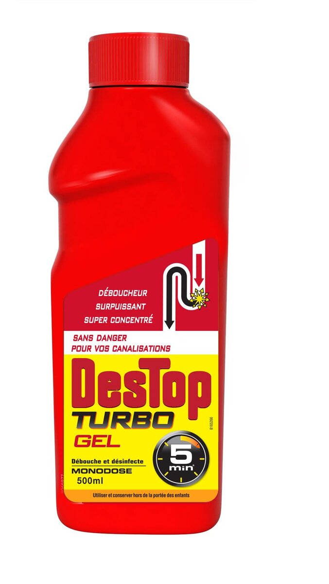 LOT DE 5 - DESTOP - Turbo - Rouge - Gel Déboucheur 5 minutes - flacon de  500 ml