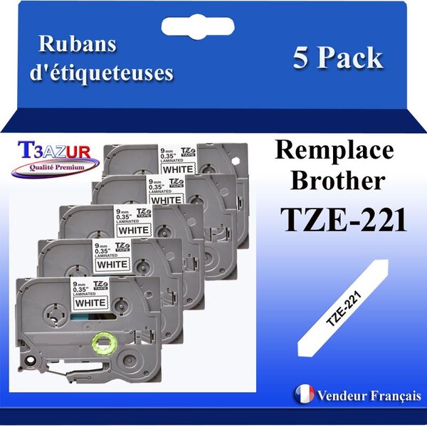 5x Rubans d'étiqueteuses compatibles avec Brother Tze221 Tze-221 pour étiqueteuses P-touch - Texte noir sur fond blanc - Largeur 9 mm x 8 mètres - T3AZUR