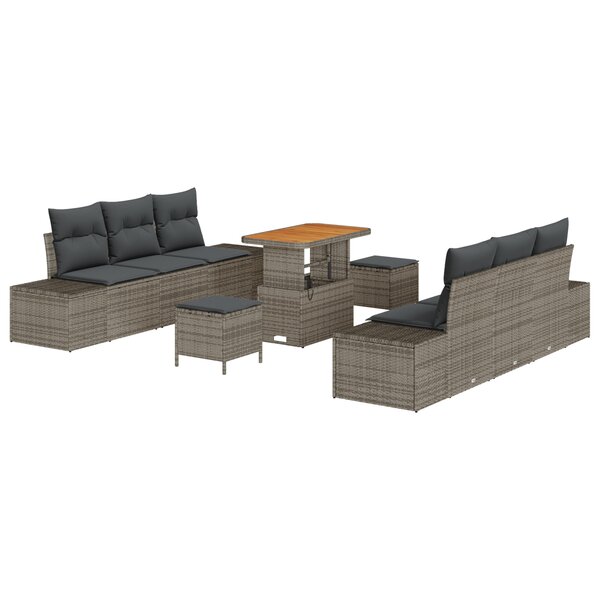 Ensemble de canapé de jardin 9 pièces avec coussins en poly rotin gris acacia