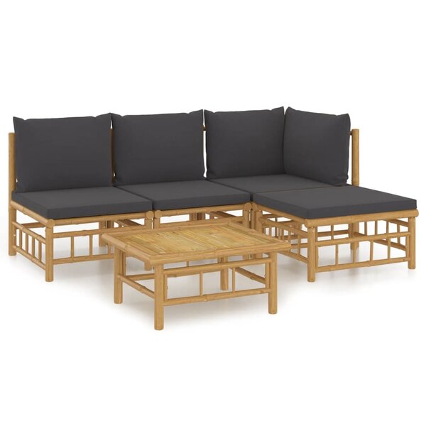 vidaXL Salon de jardin 5 Pièces avec coussins gris foncé bambou