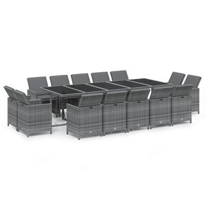 vidaXL Ensemble à manger de jardin coussins 15 Pièces Résine tressée Gris