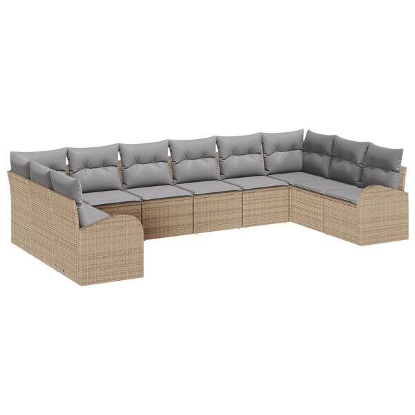 Ensemble de canapé de jardin 10 pièces avec coussins beige poly rattan